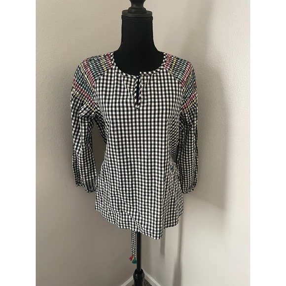 MADEWELL Sz S Smocked Embroidered Gingham Top Black White Checkered Tassel Ties - Picture 2 of 10